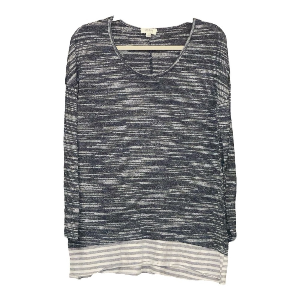 Umgee tunic blue/white textured stripe with peek a boo jersey bottom. Size M A5